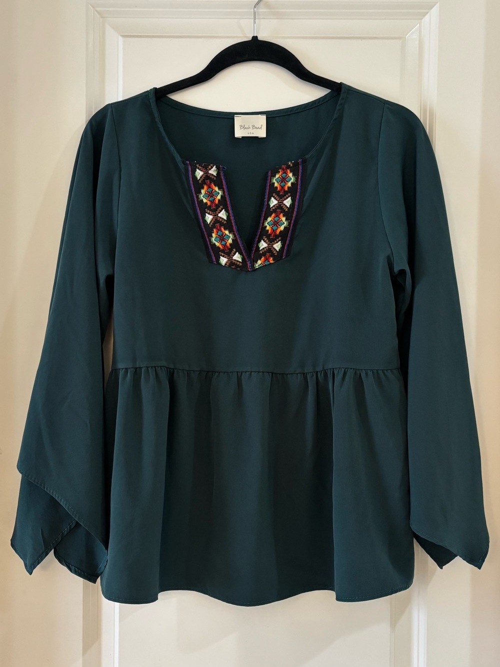 Black Bead Women's Dark Teal Embroidered Peplum Blouse M